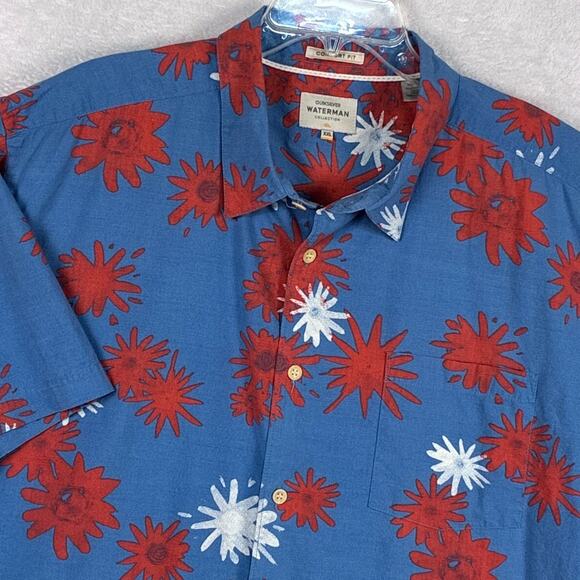 Quiksilver Waterman Camp Shirt Mens XXL Blue Red Floral Preppy Hawaiian Aloha - Picture 1 of 10